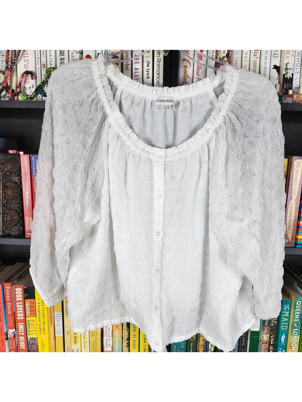Calvin Klein White Textured Peasant Blouse Size Large NWT Button Front